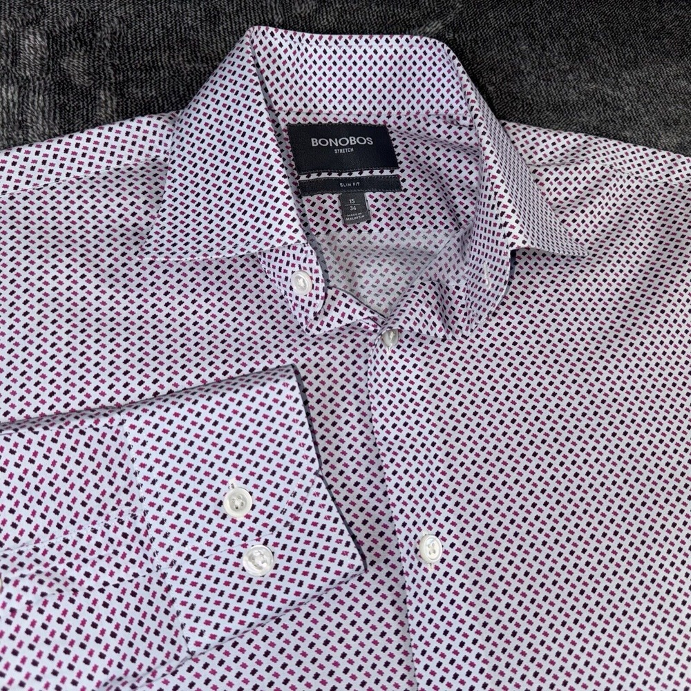Bonobos Button Up Shirt Men's Sz 15/34 Pink Geometric L/S Slim Fit Stretch